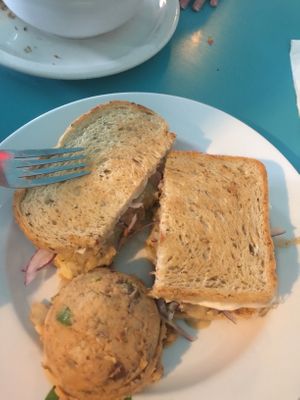 Reuben with no pickles or thousand island dressing subbed with cashew cheese and potato salad at Counter Culture in Austin