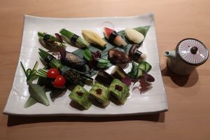 Vegan sample platter with vegan soy suce at Gonpachi - G Zone in Tokyo