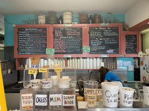 Vegan flavors: oatmeal raisin cookie, key lime pie, chocolate almond joy at Mystic Drawbridge Ice Cream in Mystic