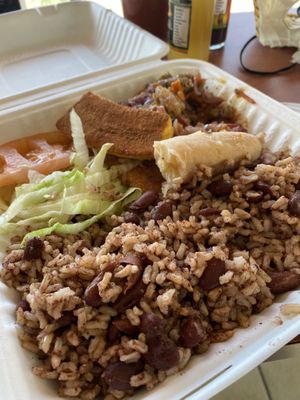 Lunch with green banana, plantain, salad and okra #Veganuary at I Stronga in North Miami