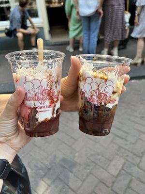 Dark chocolate and raspberry with strawberry and oreo, and whipped cream on top    at Monte Pelmo in Amsterdam