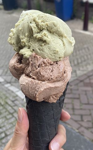 Vegan Pistachio and Praline with brownie chunks, on a vegan charcoal cone: very good! at Monte Pelmo in Amsterdam