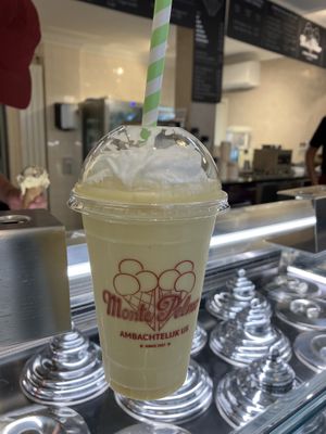 Vegan milkshake with coconut, banana, mango ice creams and vegan whipped cream   at Monte Pelmo in Amsterdam