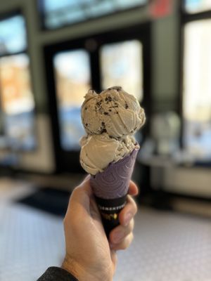 Vegan Tahini Chocolate Chip in a Lavender Waffle Cone  at Clementine's Naughty & Nice Creamery in St Louis
