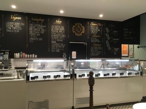 Inside the shop, current vegan options clearly listed. at Clementine's Naughty & Nice Creamery in St Louis