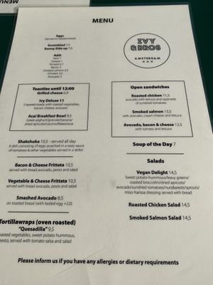 Menu, September 2019 at Ivy and Bros in Amsterdam