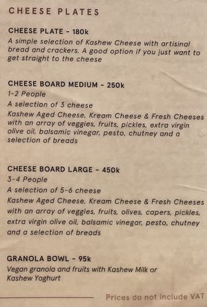 The menu - cheese plates  at Kashew Cheese Deli in Ho Chi Minh City
