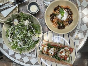 Salad, aubergine pasta & la bomba (all excellent)   at Kashew Cheese Deli in Ho Chi Minh City