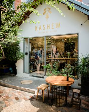 Outside in the deli garden at Kashew Cheese Deli in Ho Chi Minh City