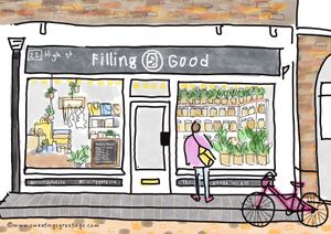 How the shop looks like (lovely drawing by Emma Sweet from www.sweetingsgreetings.com) at Filling Good in Maidenhead