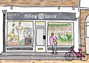 How the shop looks like (lovely drawing by Emma Sweet from www.sweetingsgreetings.com) at Filling Good in Maidenhead