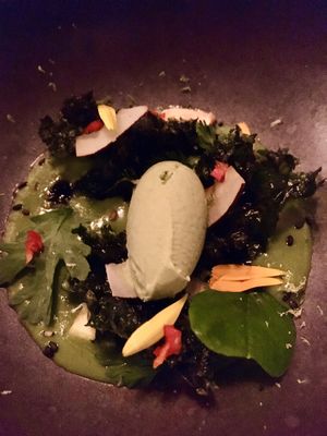 Cold green soup with crispy kale, avocado. One of the incredible dishes in the 6 course vegan menu. at Taiko  in Amsterdam
