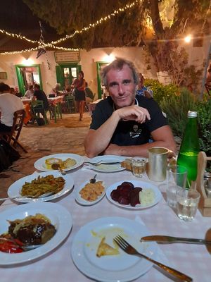 Melanzane arrostite con peperoni e cipolle, fagiolini saltati, barbabietola con salsa all’aglio, cipolle ripiene di riso e verdure, melanzane salate.   at Ta Platania in Kastellorizo