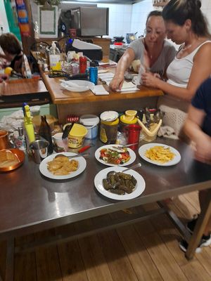 Insalata greca, foglie di vite ripiene di riso, cipolle ripiene e patate fritte homemade   at Ta Platania in Kastellorizo