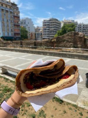 Almond butter, strawberry, and pistachio vegan crepe at Navarino Creperie in Thessaloniki