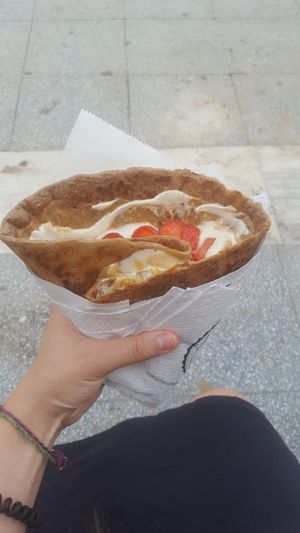 Vegan crepe with white chocolate spread, peanut butter and strawberries. Yum!!! at Navarino Creperie in Thessaloniki