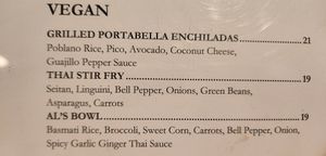 Vegan options on lunch menu (notice price difference) at Al Biernat's - North in Dallas