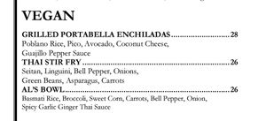 Vegan options on dinner menu (notice price difference) at Al Biernat's - North in Dallas