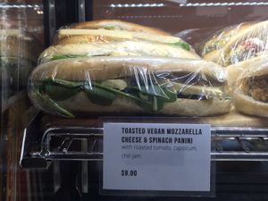 Toasted Vegan Mozzarella and Spinach panini at Otago Museum Café in Dunedin