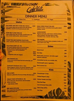 See menu for vegetarian and vegan options at Cafe Vila in Port Vila