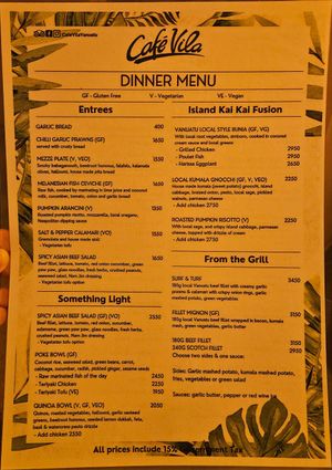 See menu for vegetarian and vegan options at Cafe Vila in Port Vila