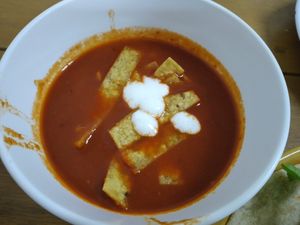 Really yummy soup with crispy tortilla croutons at Vegan Kon Cook - Reach in Phuket