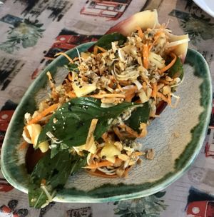 Delicious freshest salad in a banana petal. at Vegan Kon Cook - Reach in Phuket