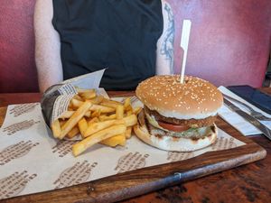 Vegan bean burger with fries at Charnallies in Clacton-on-sea