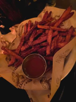 Jamaican Jerk BBQ Sweet Potato Fries with kung pao sauce subbed instead of roumelade at Elks Temple in Tacoma