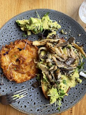 Smashed avo & shrooms (vegan) + a side of potato rosti  at The Deck in Forster
