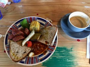 Vegan brunch plate & soy latte at Dark Arts Coffee in Hayama