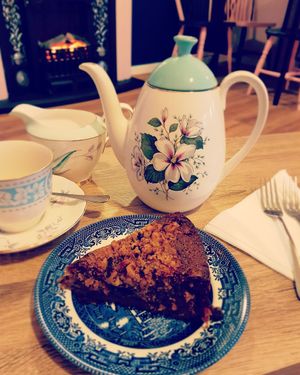 Tea and vegan apple cake at Cafe Tioram in Acharacle