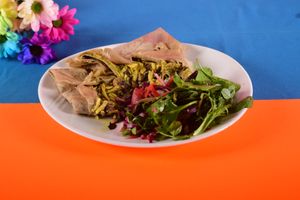 Slow Cooked Thyme and Balsamic Mushrooms with Vegan Cheddar and Pesto in a Naturally Gluten Free Buckwheat Crepe. at Cantina in Penryn