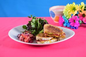 Quorn Ham, Vegan Cheddar and Caramelised Red Onion Chutney Toasted Sourdough Sandwich. at Cantina in Penryn