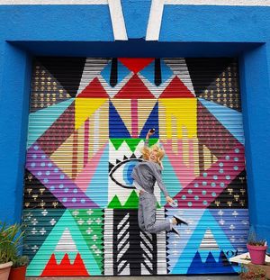 Snazzy mural on the shutters painted by visiting artist Monika Gardyla at Cantina in Penryn