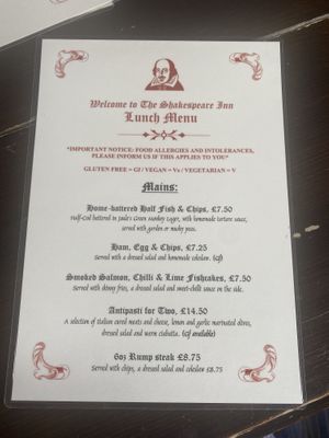 Lunch menu 1, June 2022  at The Shakespeare Inn in Bridgnorth