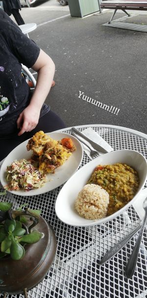 Pasta bake with coleslaw. Chana dal with rice. at 1Two1 Vegan Café in Springwood
