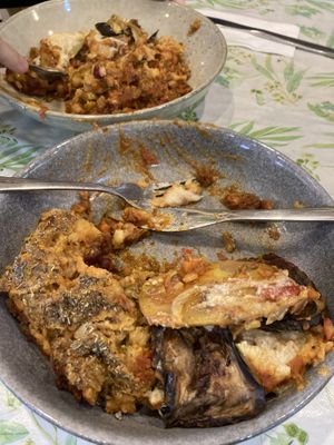 Mixed up shepherds pie left and eggplant dish right  at 1Two1 Vegan Café in Springwood