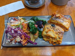 Vegan lasagne and salad at 1Two1 Vegan Café in Springwood