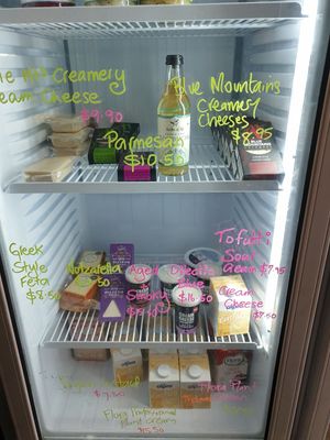 Cheese fridge at 1Two1 Vegan Café in Springwood
