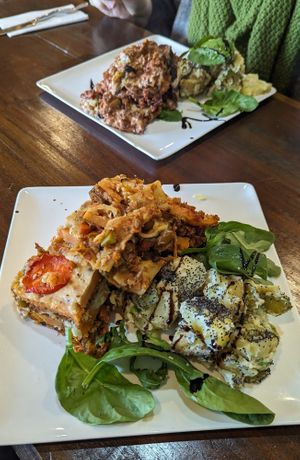 Moussaka and shepherds pie, with potato salad at 1Two1 Vegan Café in Springwood
