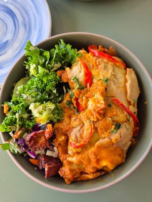 Kimchi crouton salad: delish kimchi croutons thankfully w/o fermented taste; Green goddess salad: lovely creamy dressing over kale and cucumber; Enchiladas $18: very good at 1Two1 Vegan Café in Springwood