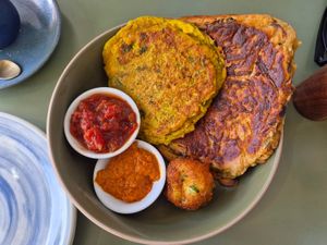 Cheesy potato ball $3.50: YUMM, crispy and delicious; Corn fritter $7.50; and Okonomiyake $9.50: both very nice, although a bit floury at 1Two1 Vegan Café in Springwood