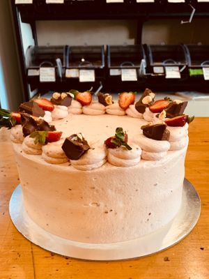 Vanilla cake with strawberry frosting. Yummm 
 at 1Two1 Vegan Café in Springwood