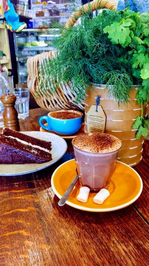 Chocolate on chocolate! Delicious hot chocolate and cake. at 1Two1 Vegan Café in Springwood