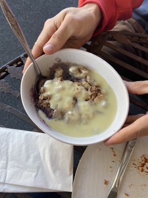 Crumble with custard at 1Two1 Vegan Café in Springwood