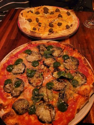 Top: cheese pumpkin and truffle paste. Bottom: aubergine tomato and pesto at Blu Bar in Barcelona