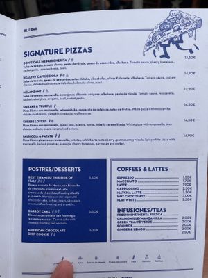Menu  at Blu Bar in Barcelona