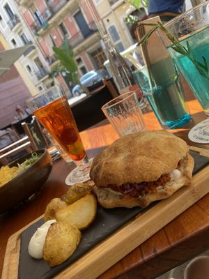 Pulled pork sandwich & a blue sangria and Aperol   at Blu Bar in Barcelona