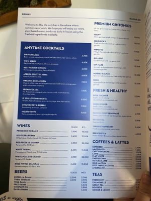 Menu  at Blu Bar in Barcelona
